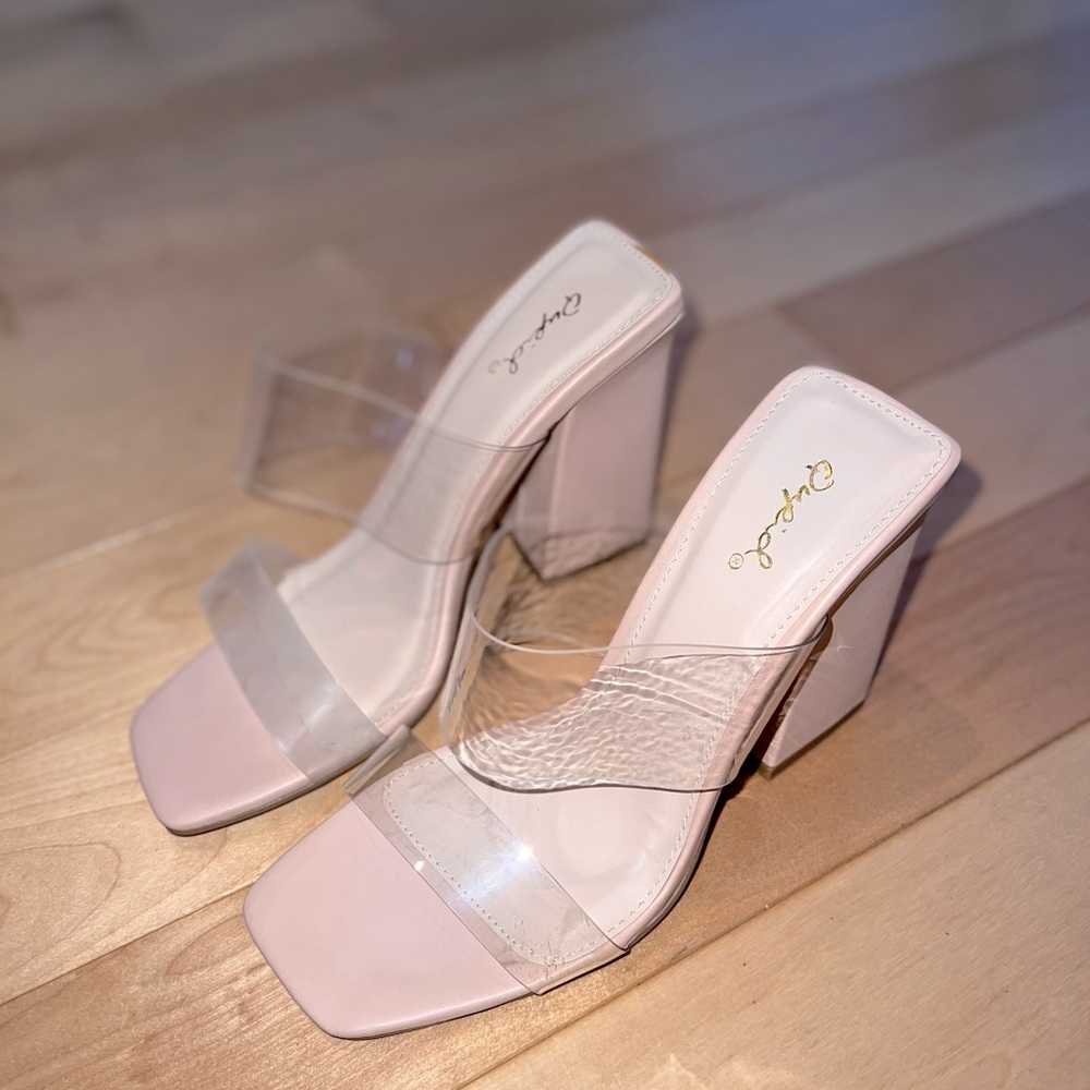 Nude block heel with clear straps